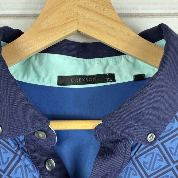 Greyson‎ Golf Polo Shirt West Flag Mongoose Blue Geometric Print Mens XL - Picture 3 of 7
